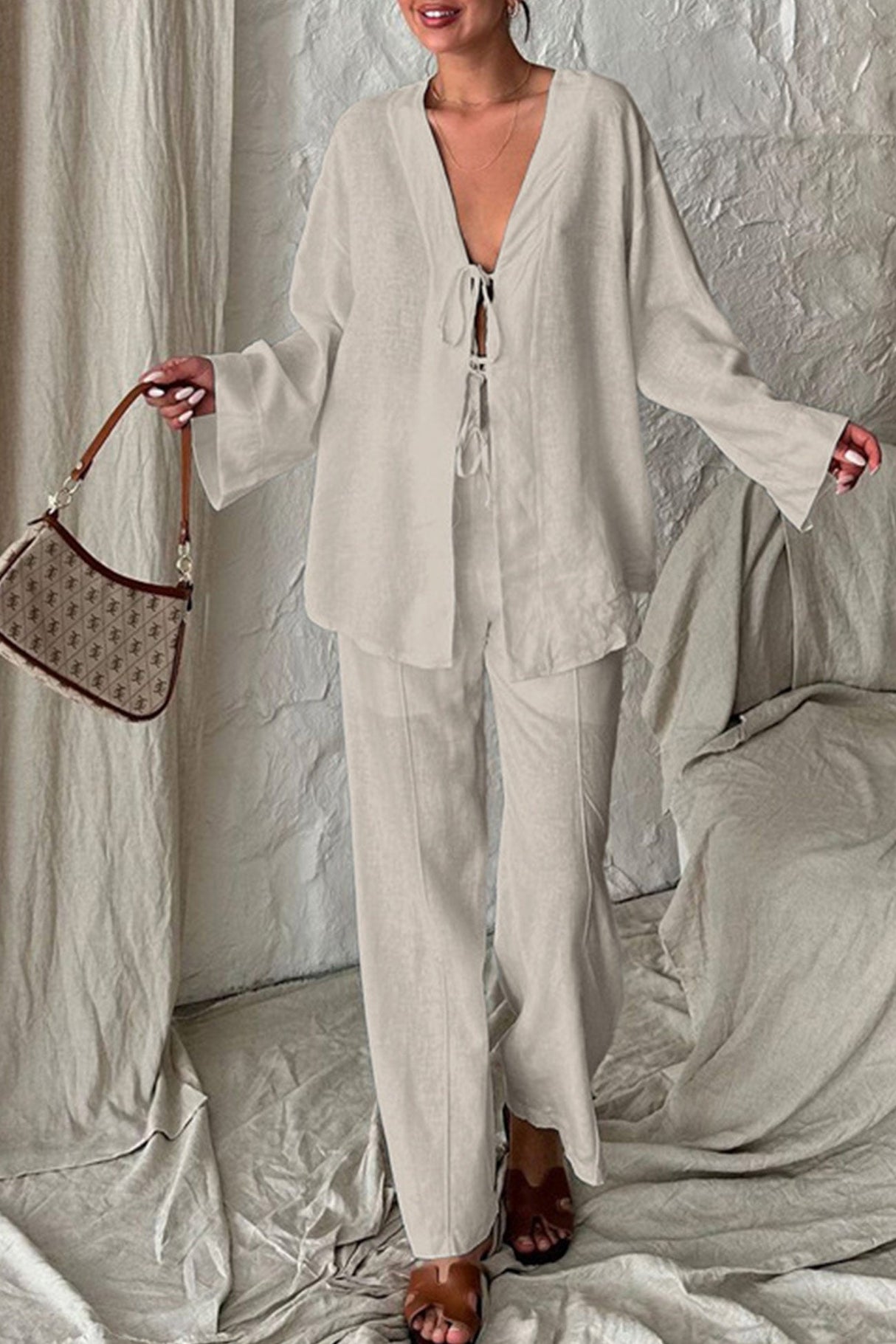 Arolora tie-front-long-sleeve-shirt-cotton-suits