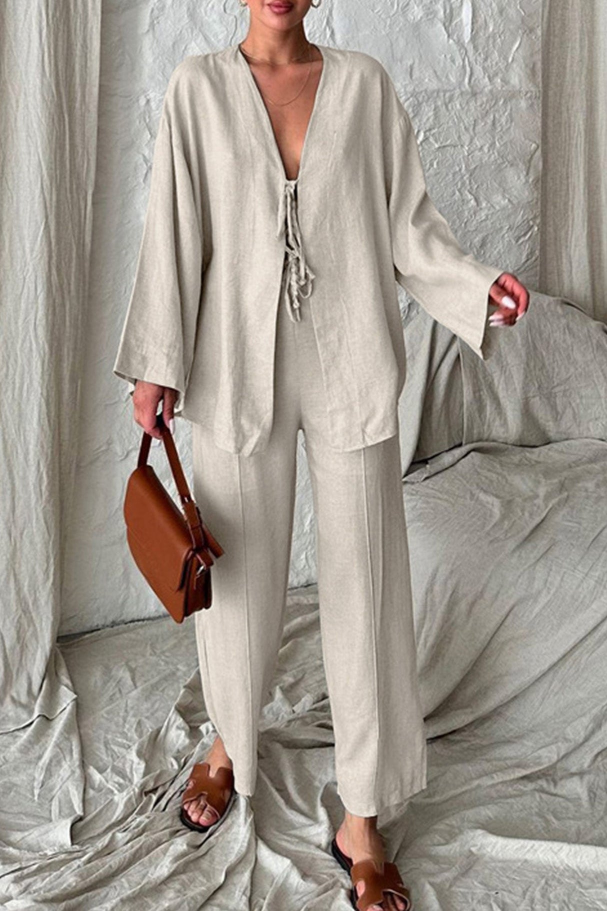 Arolora tie-front-long-sleeve-shirt-cotton-suits