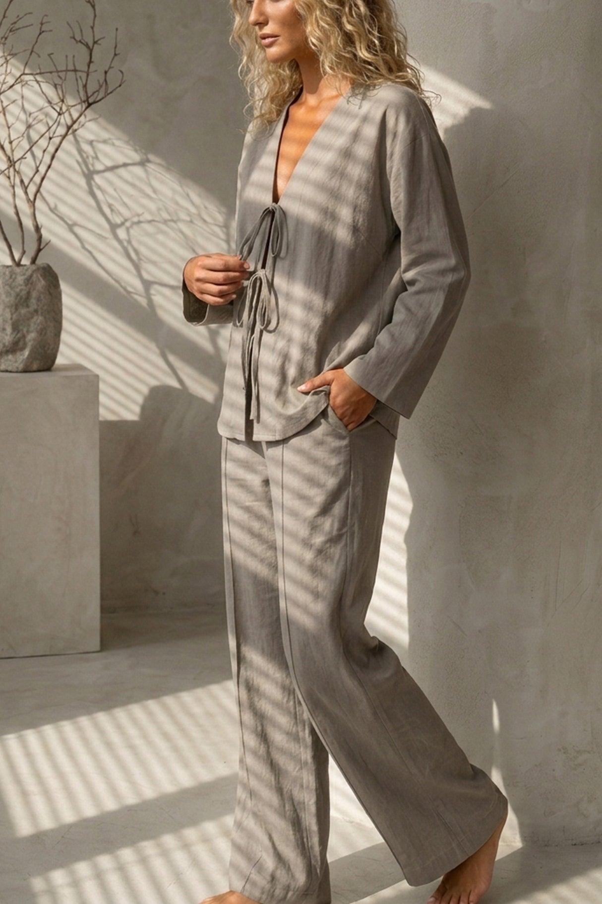 Tie-front Long Sleeve Shirt Cotton Suits