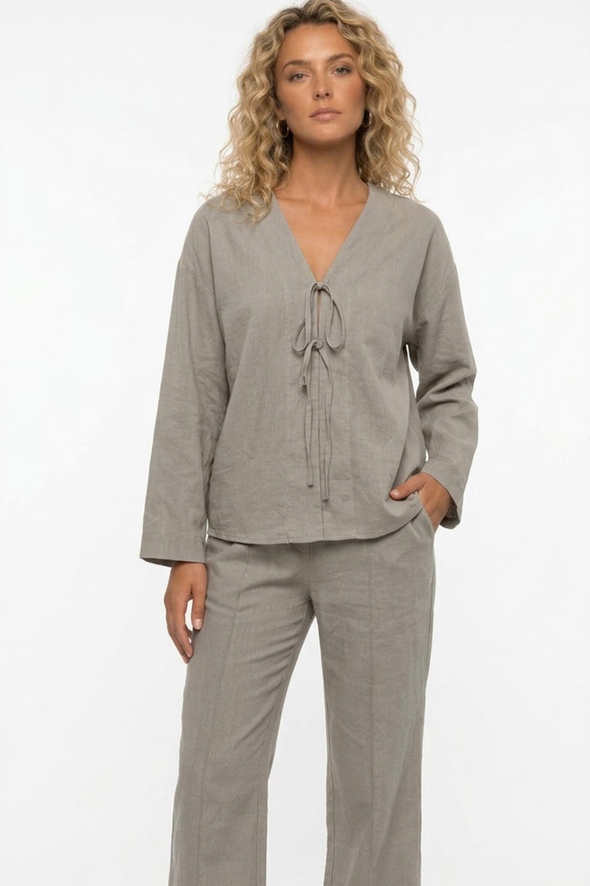 Tie-front Long Sleeve Shirt Cotton Suits