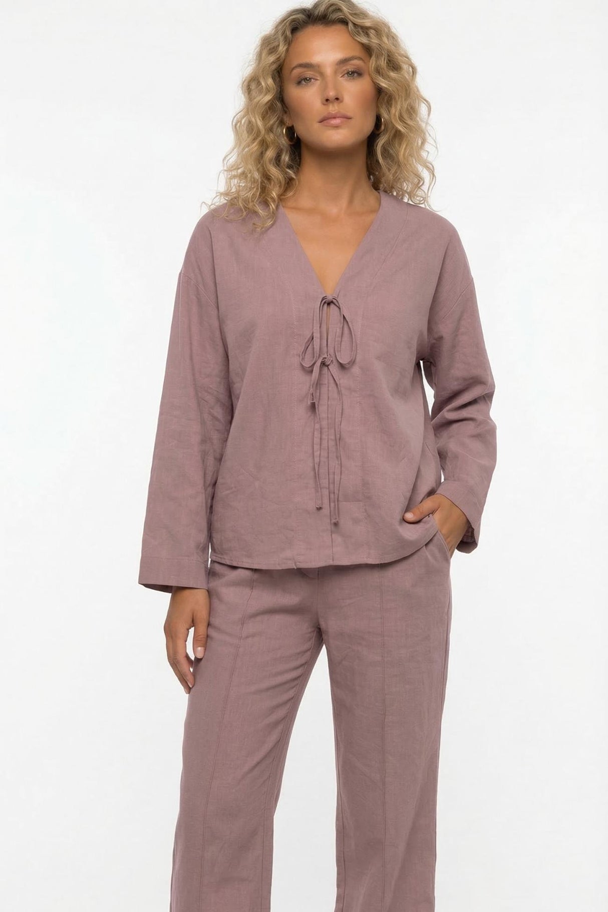 Tie-front Long Sleeve Shirt Cotton Suits