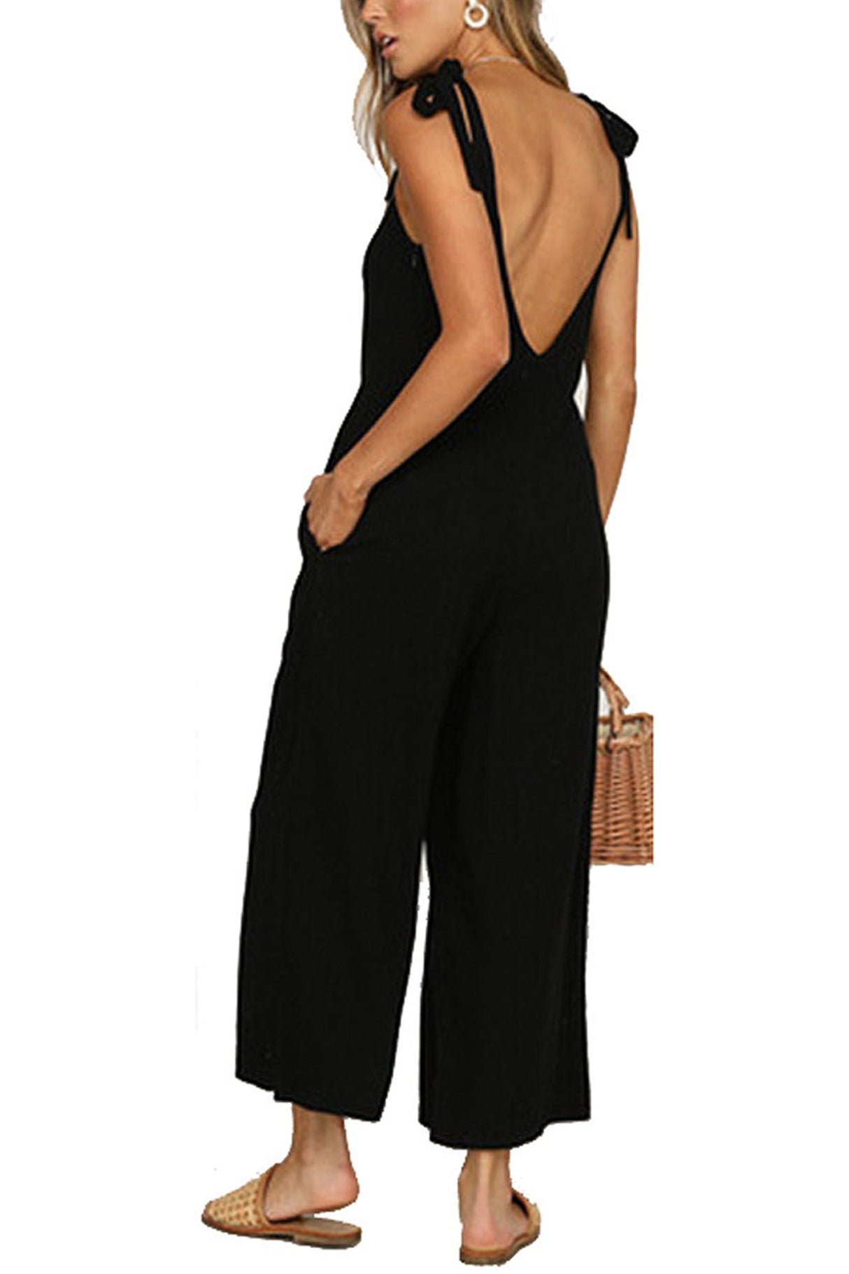 Arolora tie-straps-backless-pocketed-cotton-jumpsuits