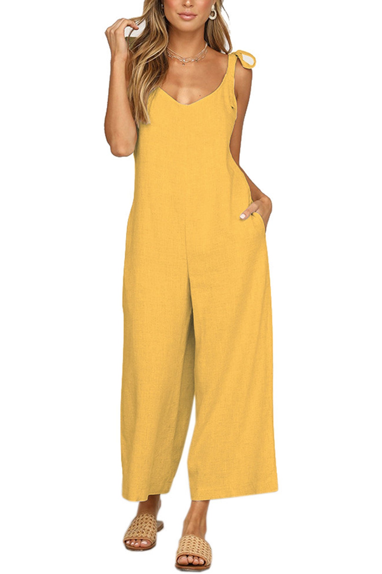 Arolora tie-straps-backless-pocketed-cotton-jumpsuits