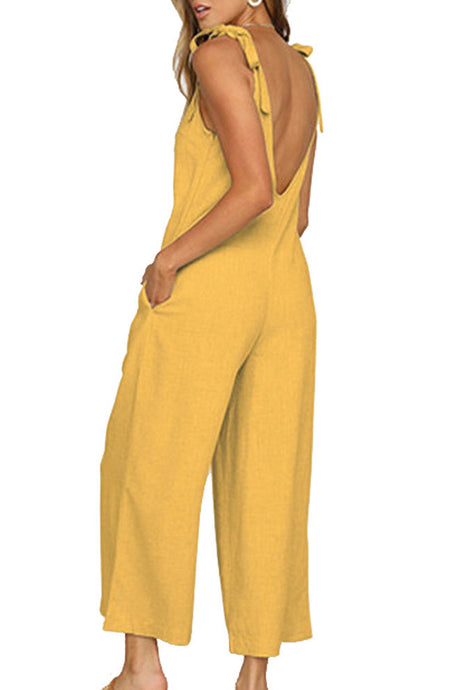 Arolora tie-straps-backless-pocketed-cotton-jumpsuits