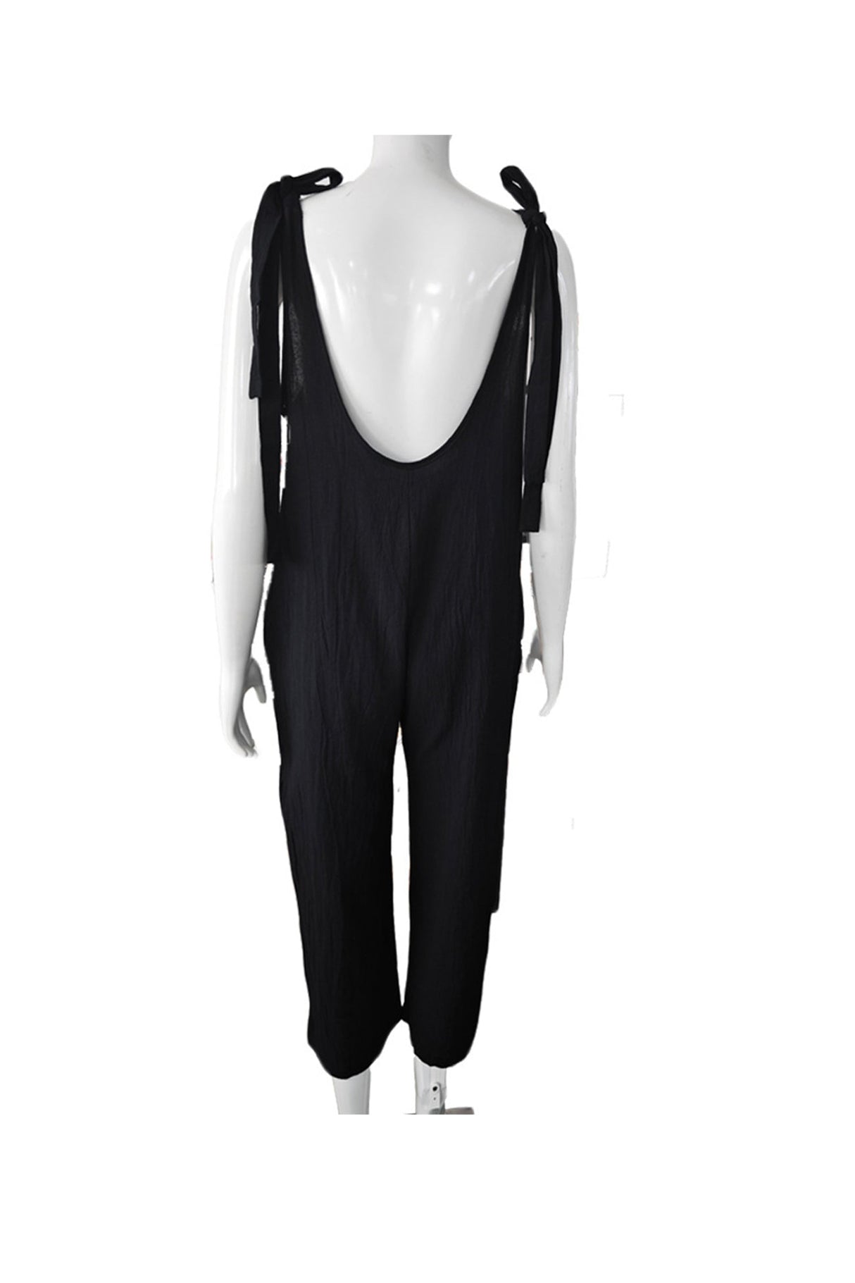 Arolora tie-straps-backless-pocketed-cotton-jumpsuits