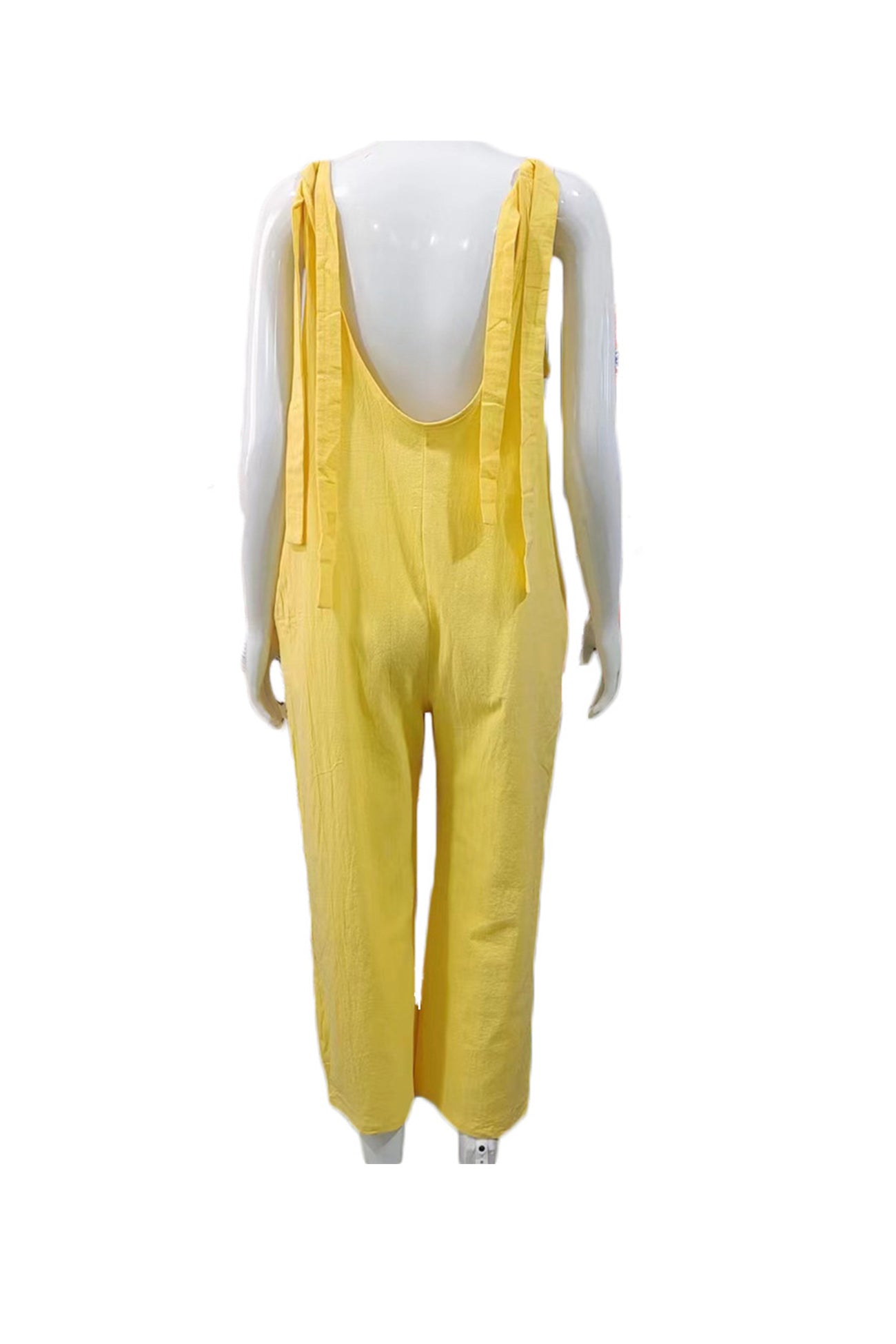 Arolora tie-straps-backless-pocketed-cotton-jumpsuits