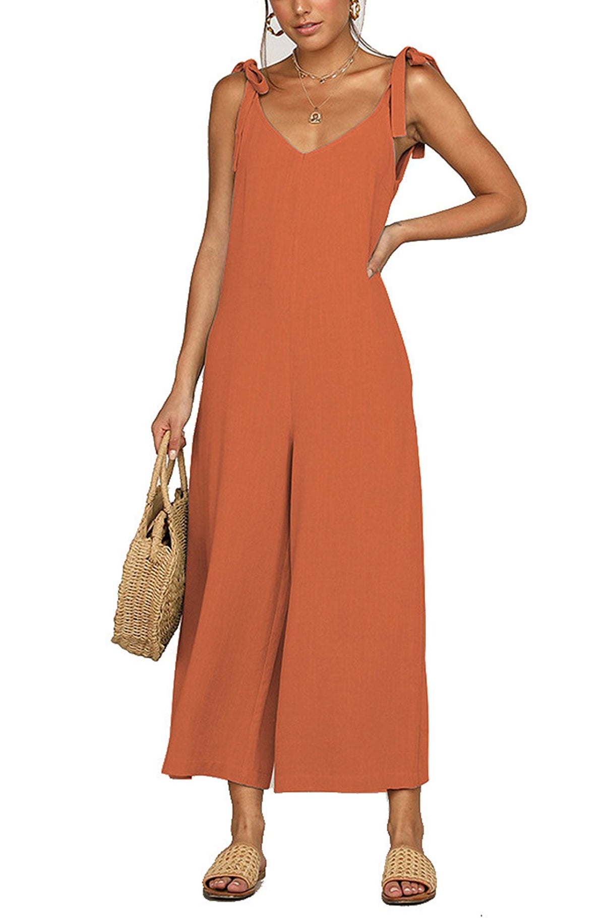 Arolora tie-straps-backless-pocketed-cotton-jumpsuits
