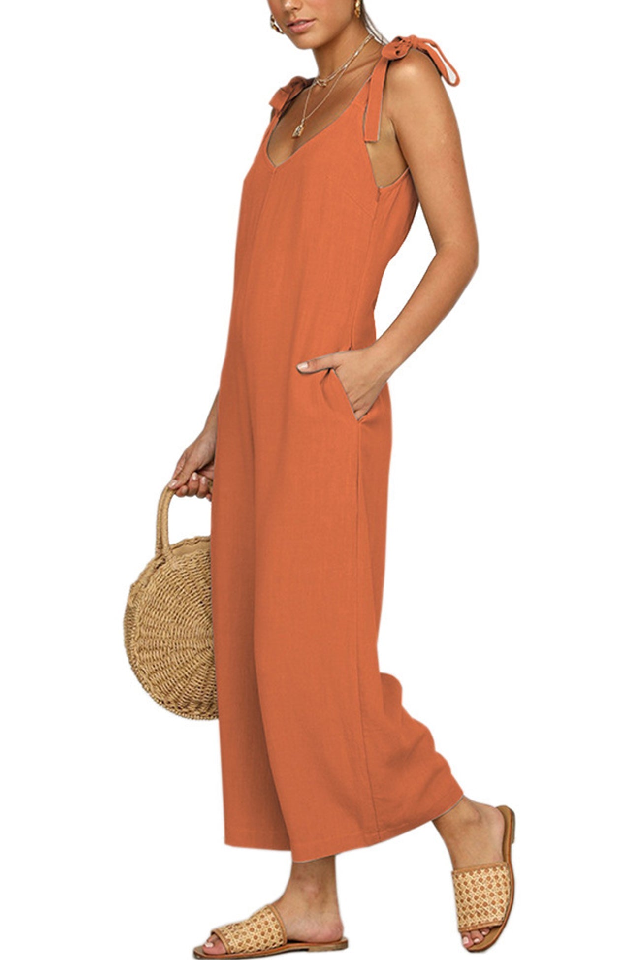 Arolora tie-straps-backless-pocketed-cotton-jumpsuits