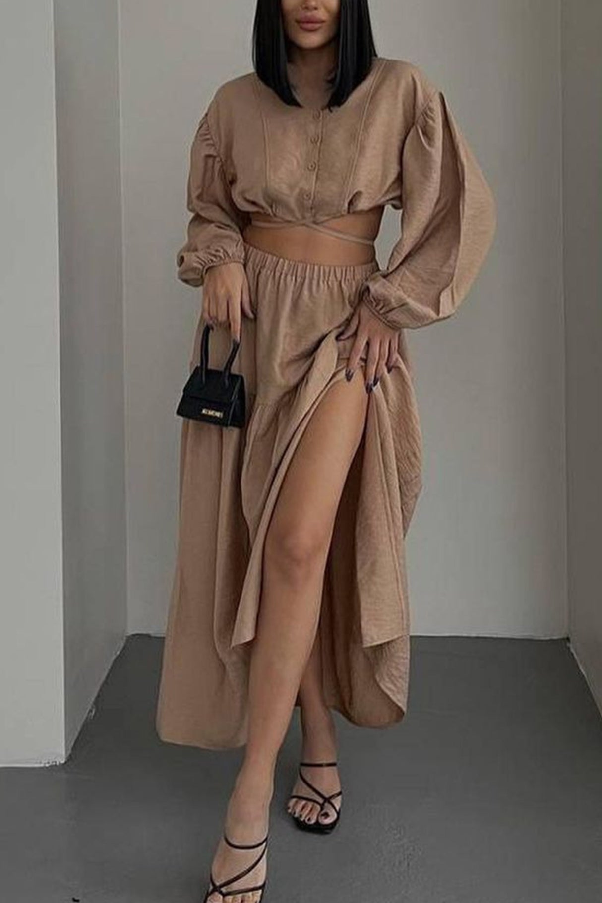 Tie-up Crop Top Tiered Midi Skirt Suits