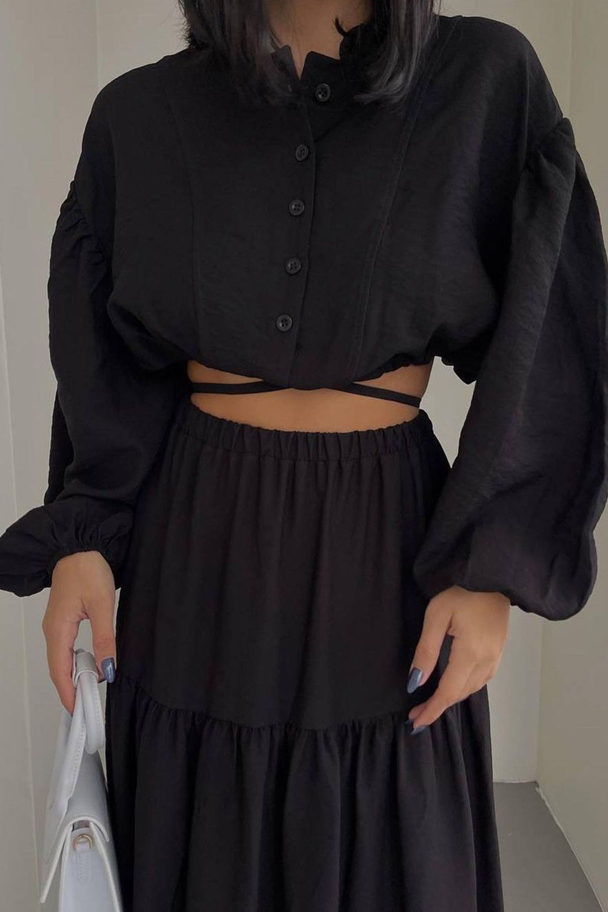 Tie-up Crop Top Tiered Midi Skirt Suits