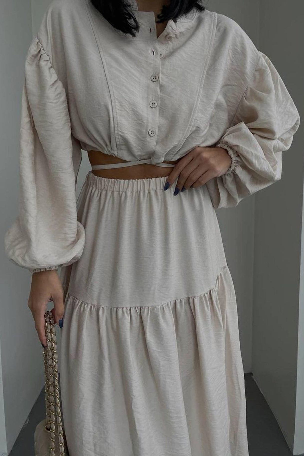 Tie-up Crop Top Tiered Midi Skirt Suits