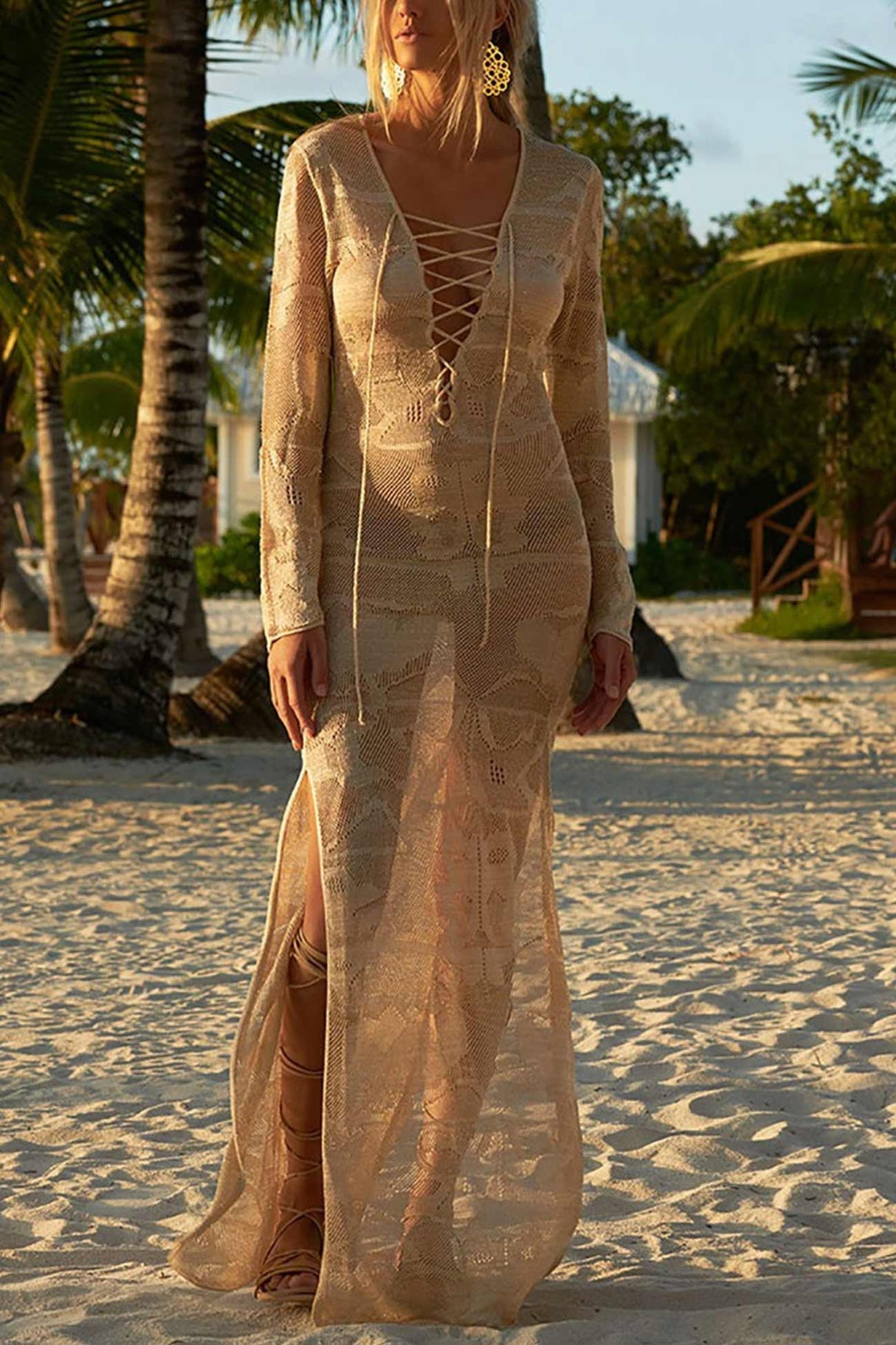 Tie-up Knit Slit Cover-up Dress