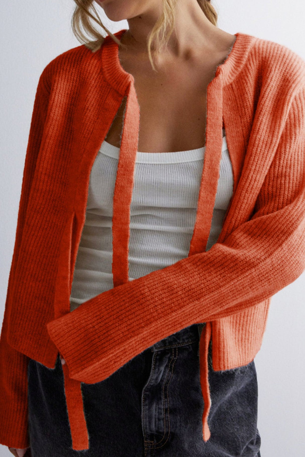 Arolora tie-up-ribbed-knit-short-cardigan
