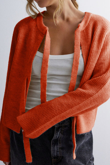 Arolora tie-up-ribbed-knit-short-cardigan