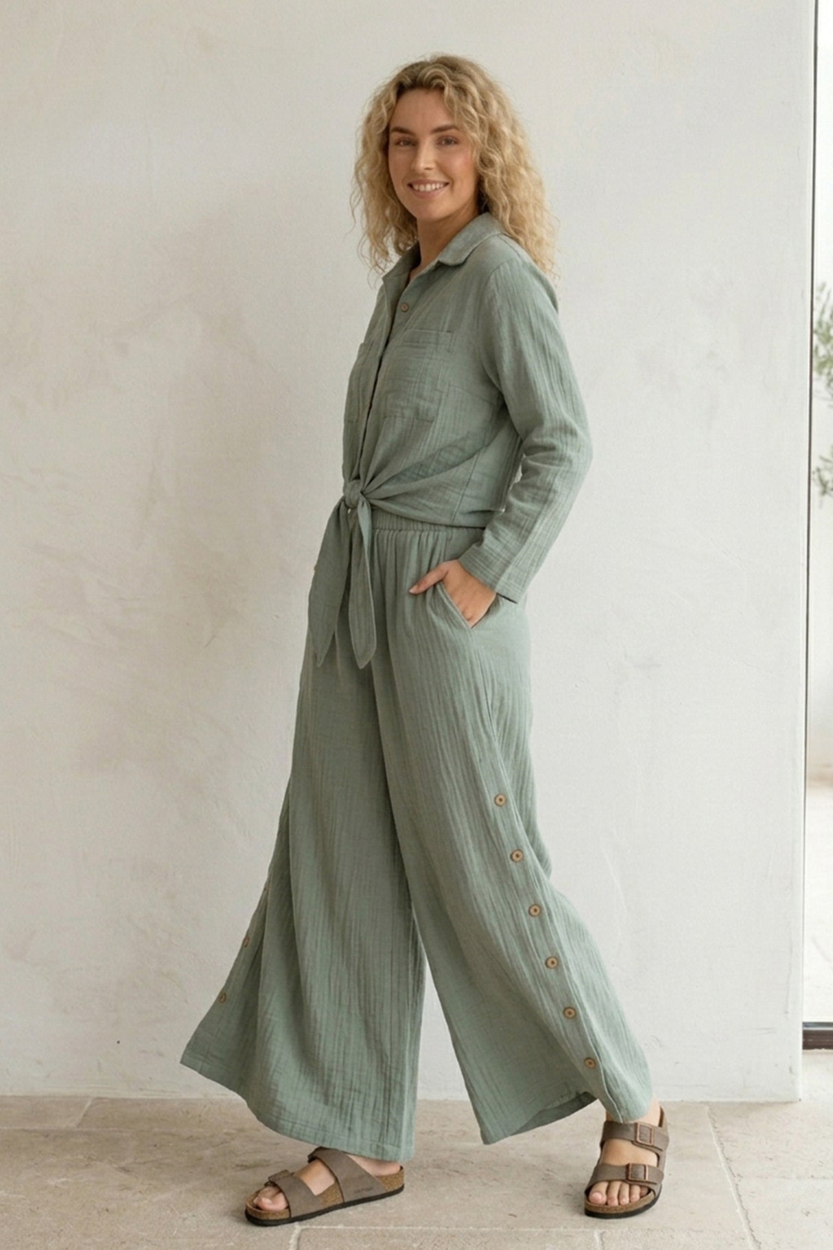 Tie-up Shirt Single-breasted Long Pants Set