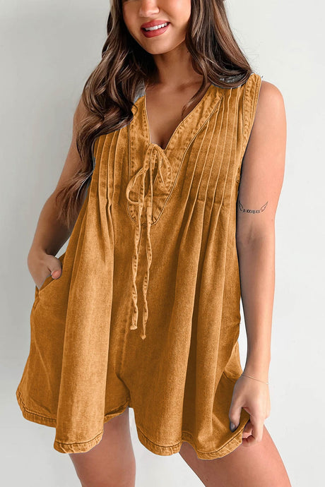 Arolora tie-up-sleeveless-denim-rompers