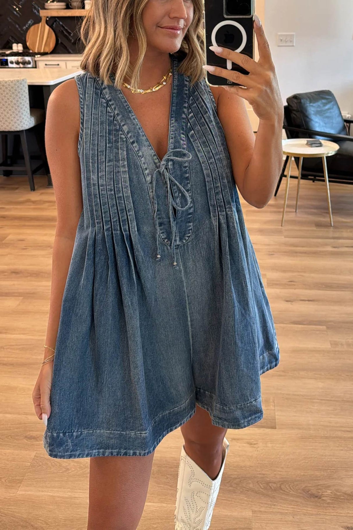 Arolora tie-up-sleeveless-denim-rompers