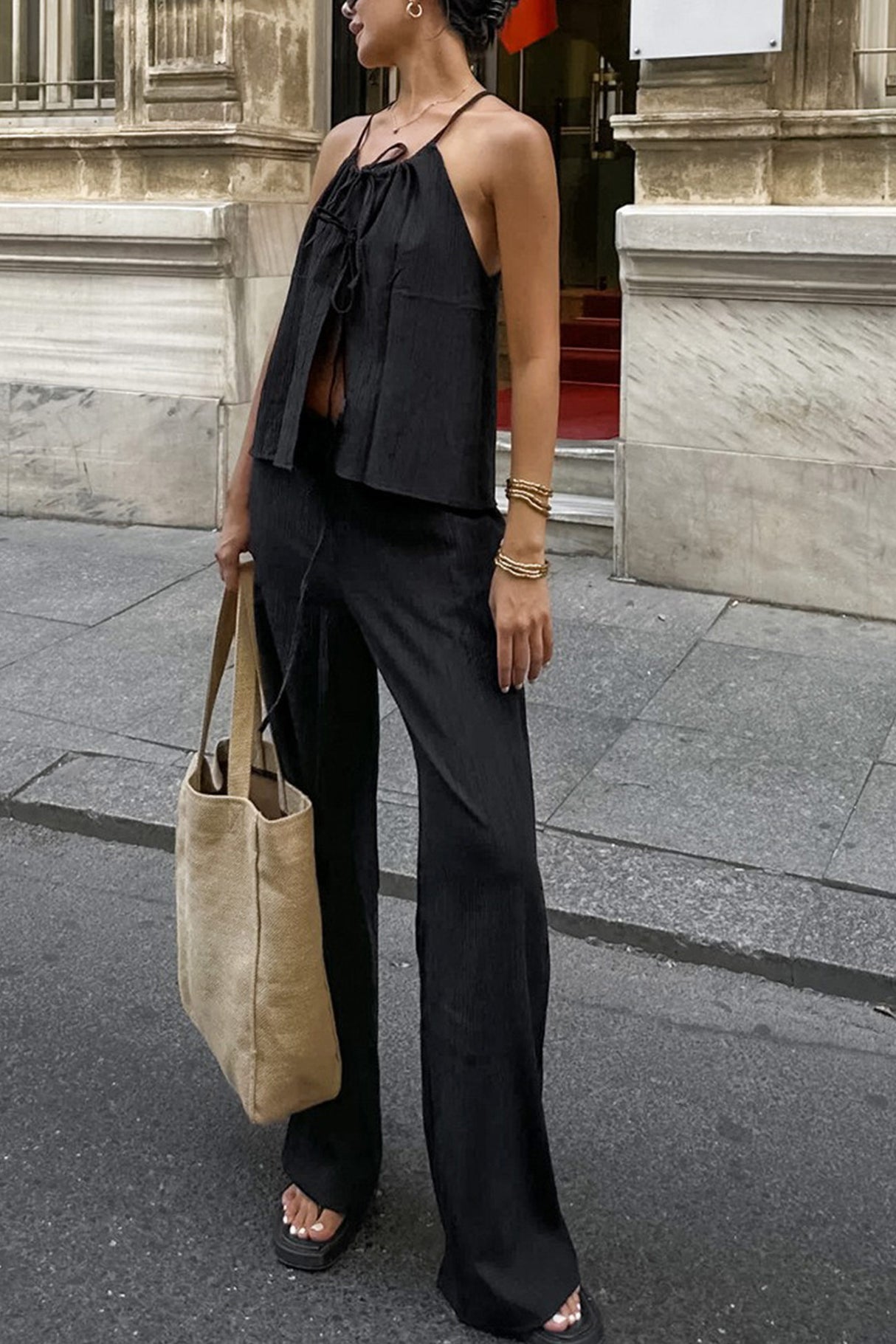 Arolora Tie-up Vest Long Pants Set