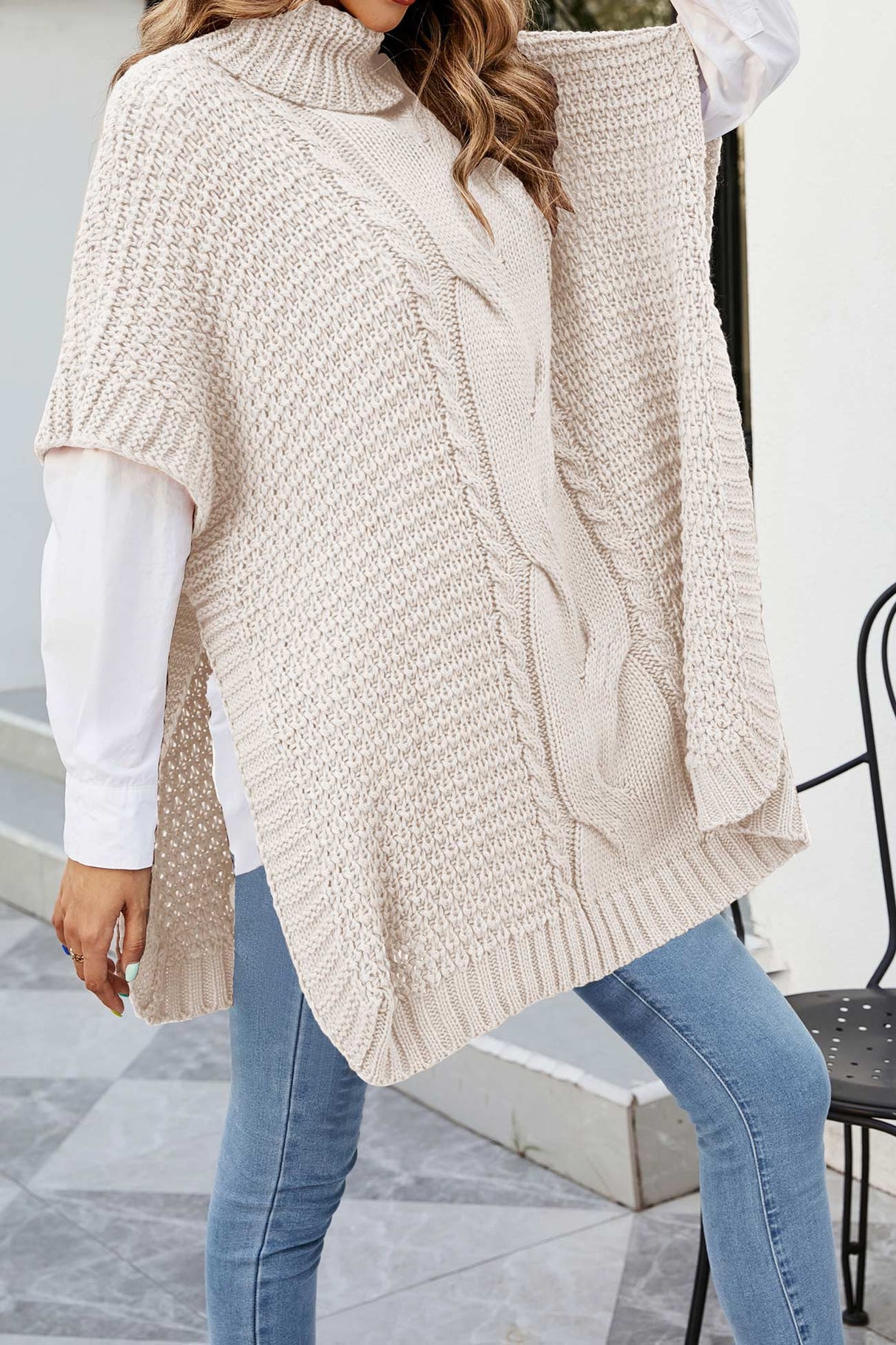 Turtleneck Cable Knit Shawl Sweater