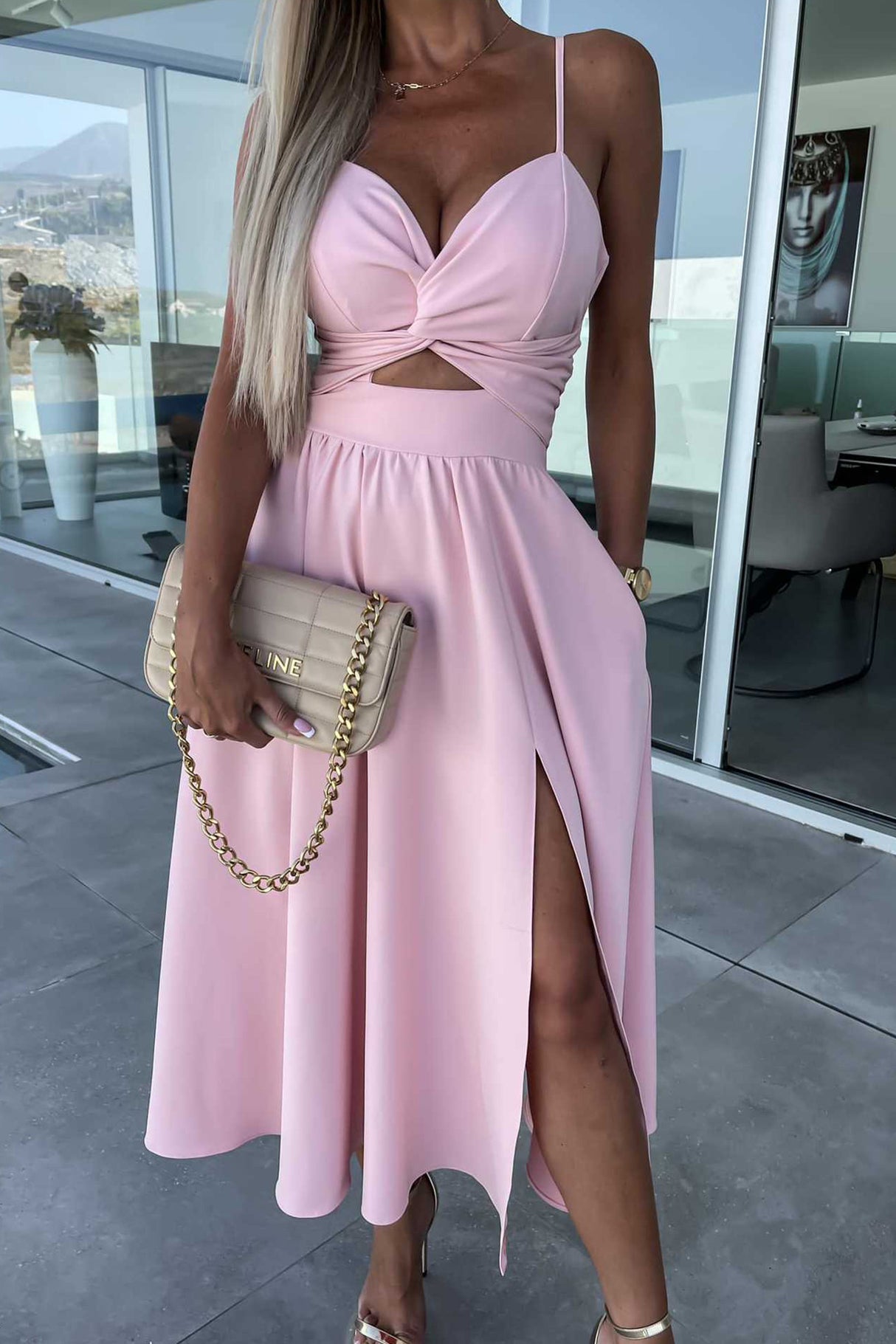 Arolora Twisted Cutout Slit Cami Dress