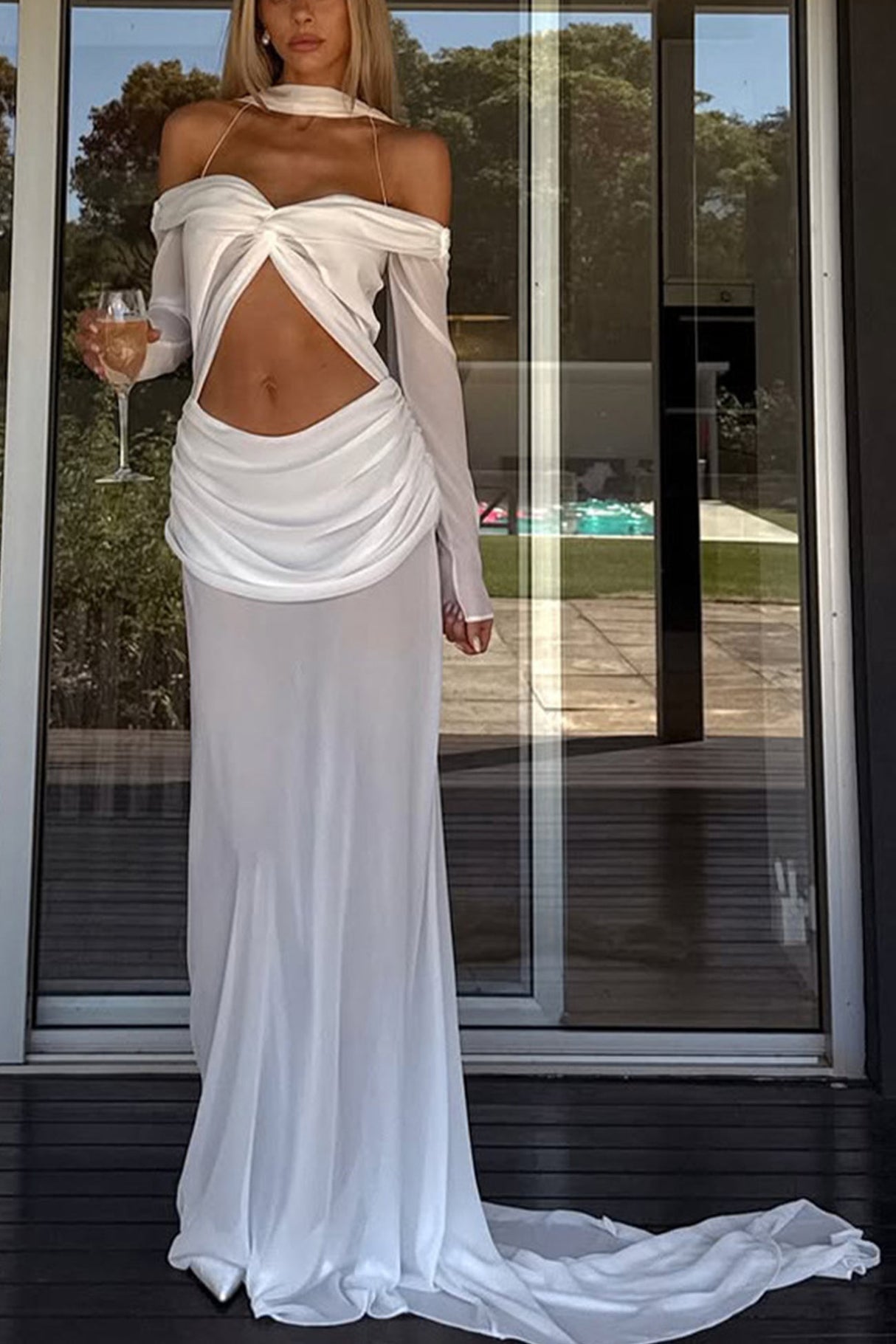 Arolora Twisted Off-shoulder Cutout Chiffon Maxi Dress