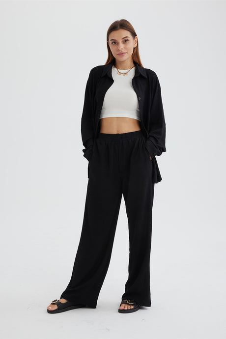 Two Piece Solid Color Long Sleeve Shirt Long Pants Set