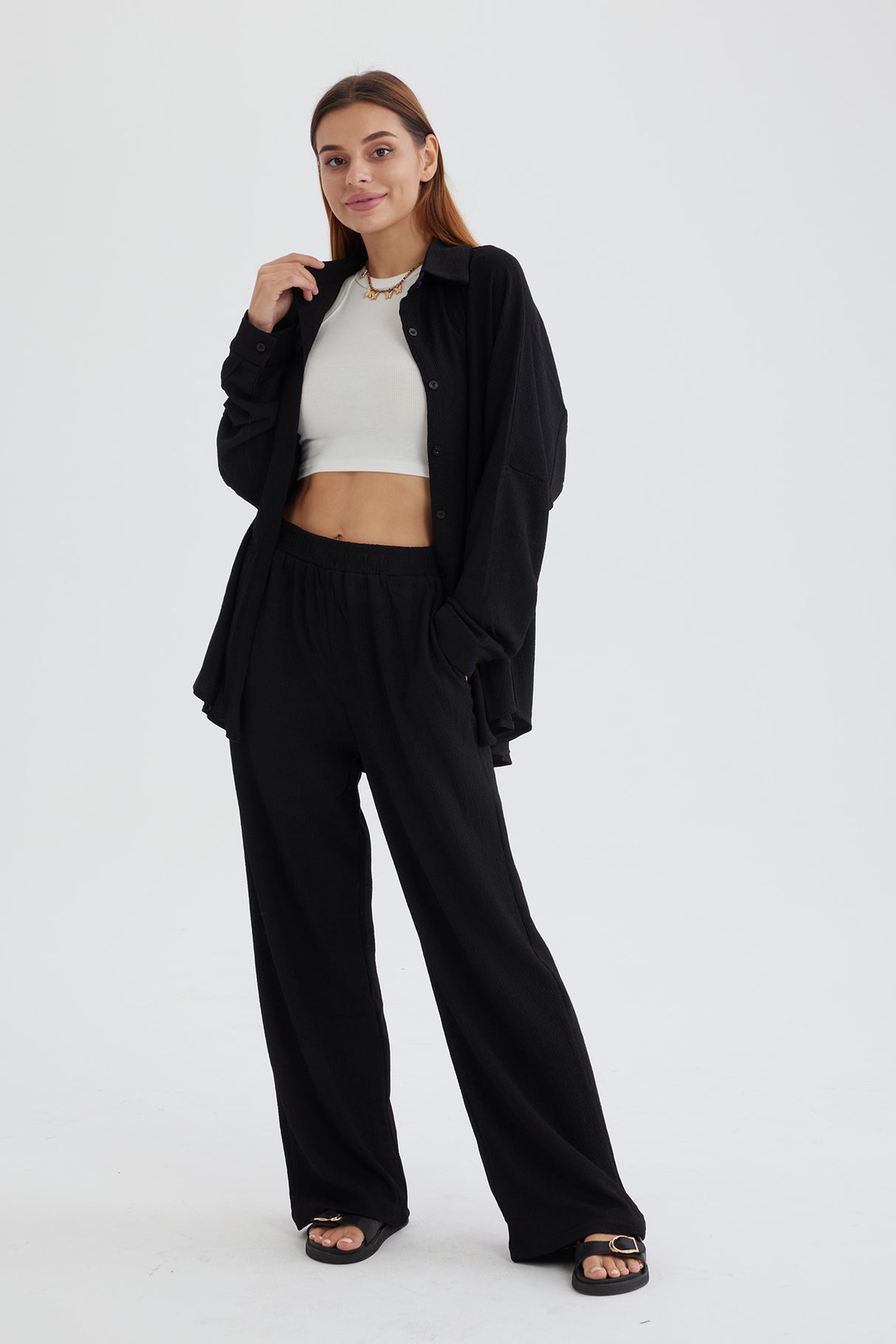 Two Piece Solid Color Long Sleeve Shirt Long Pants Set