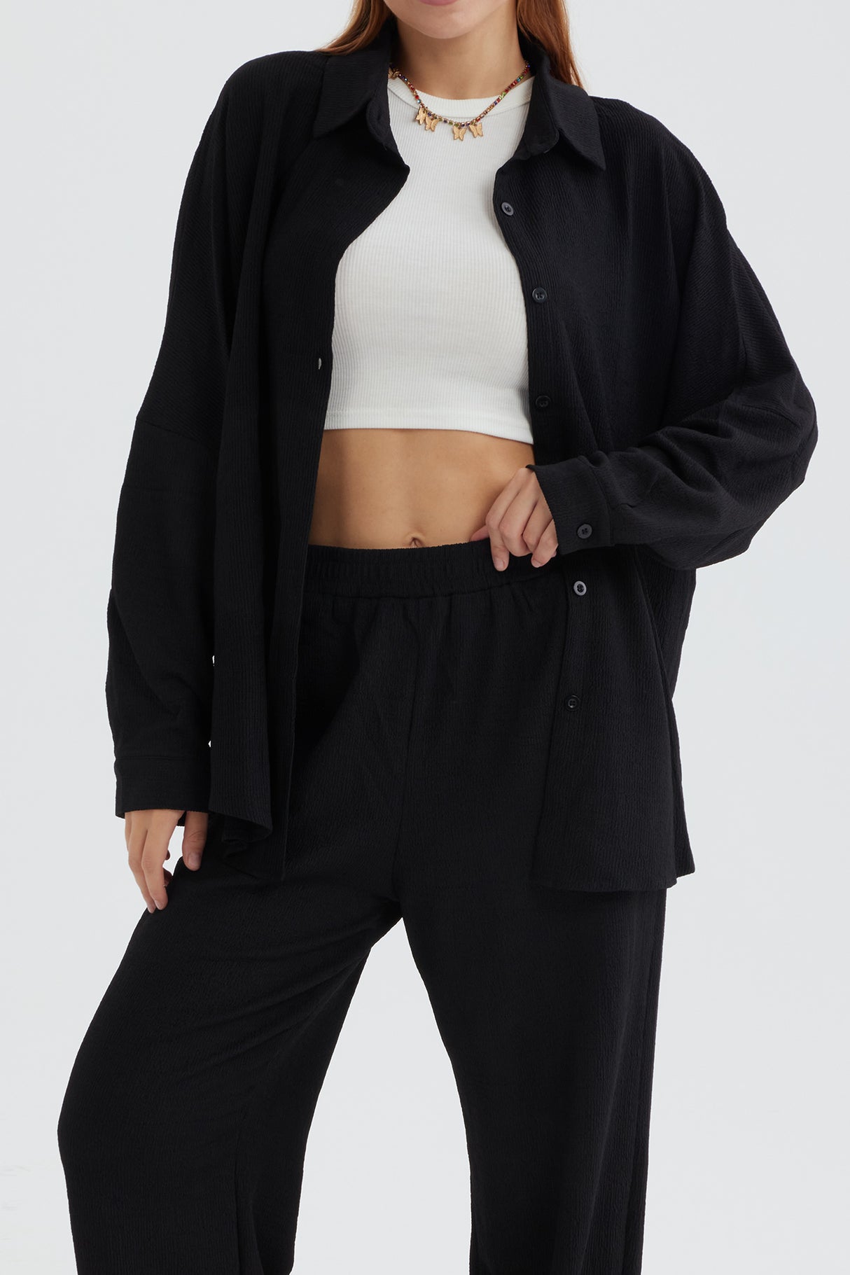 Two Piece Solid Color Long Sleeve Shirt Long Pants Set