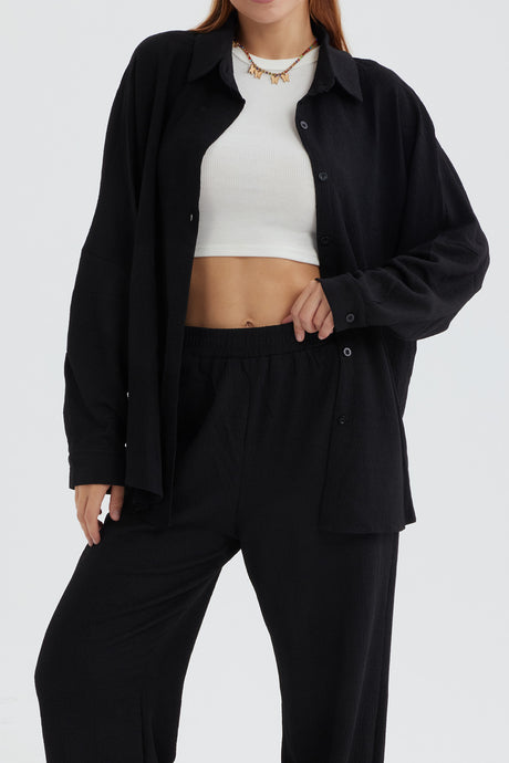 Two Piece Solid Color Long Sleeve Shirt Long Pants Set