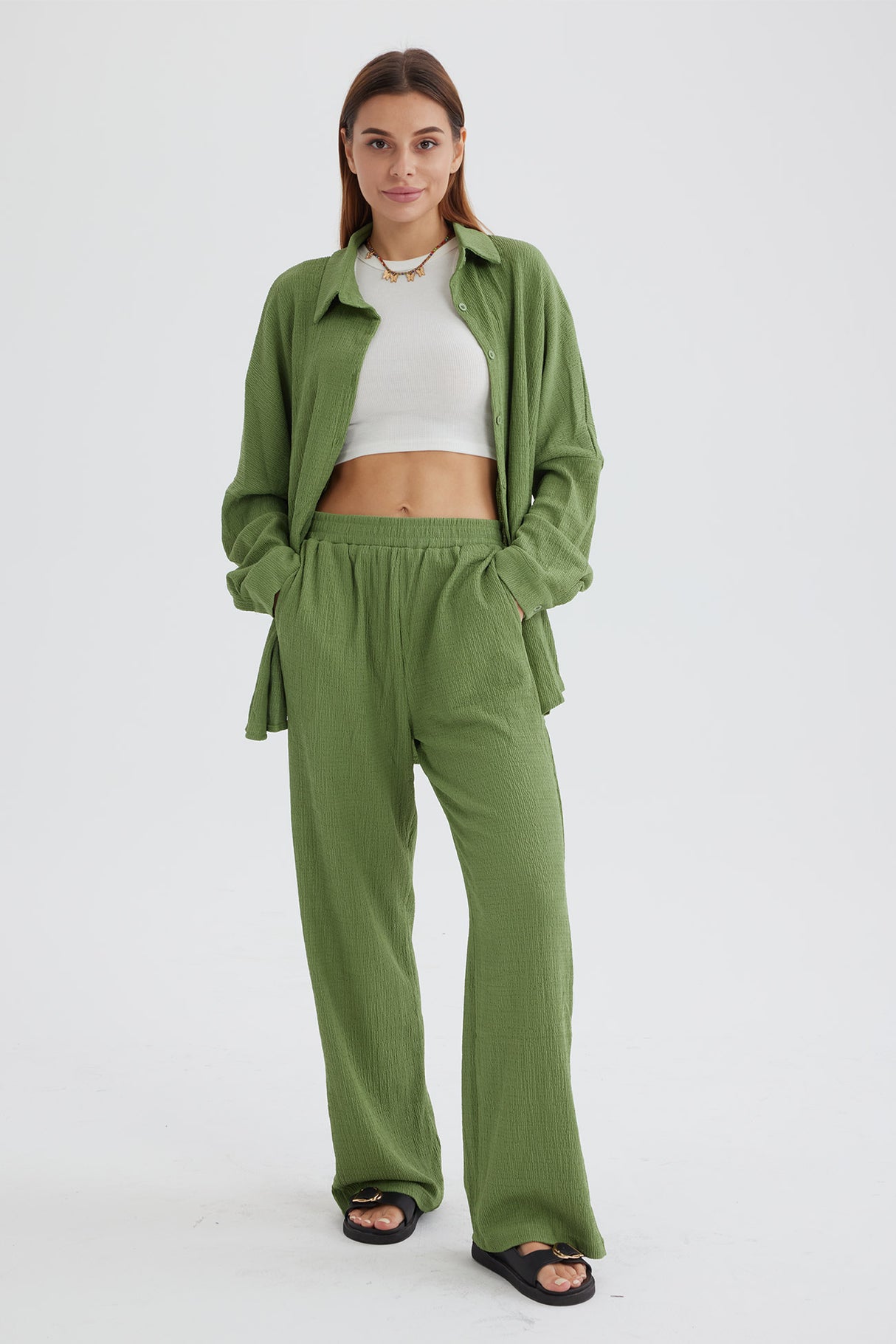 Two Piece Solid Color Long Sleeve Shirt Long Pants Set