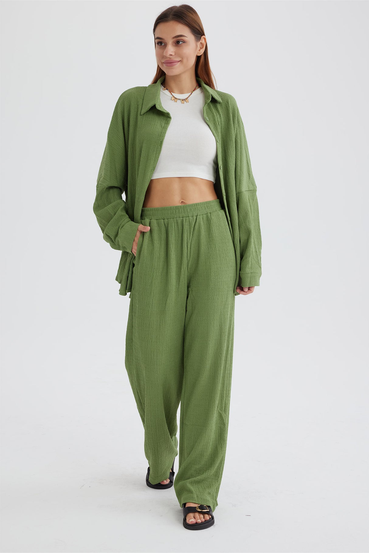 Two Piece Solid Color Long Sleeve Shirt Long Pants Set