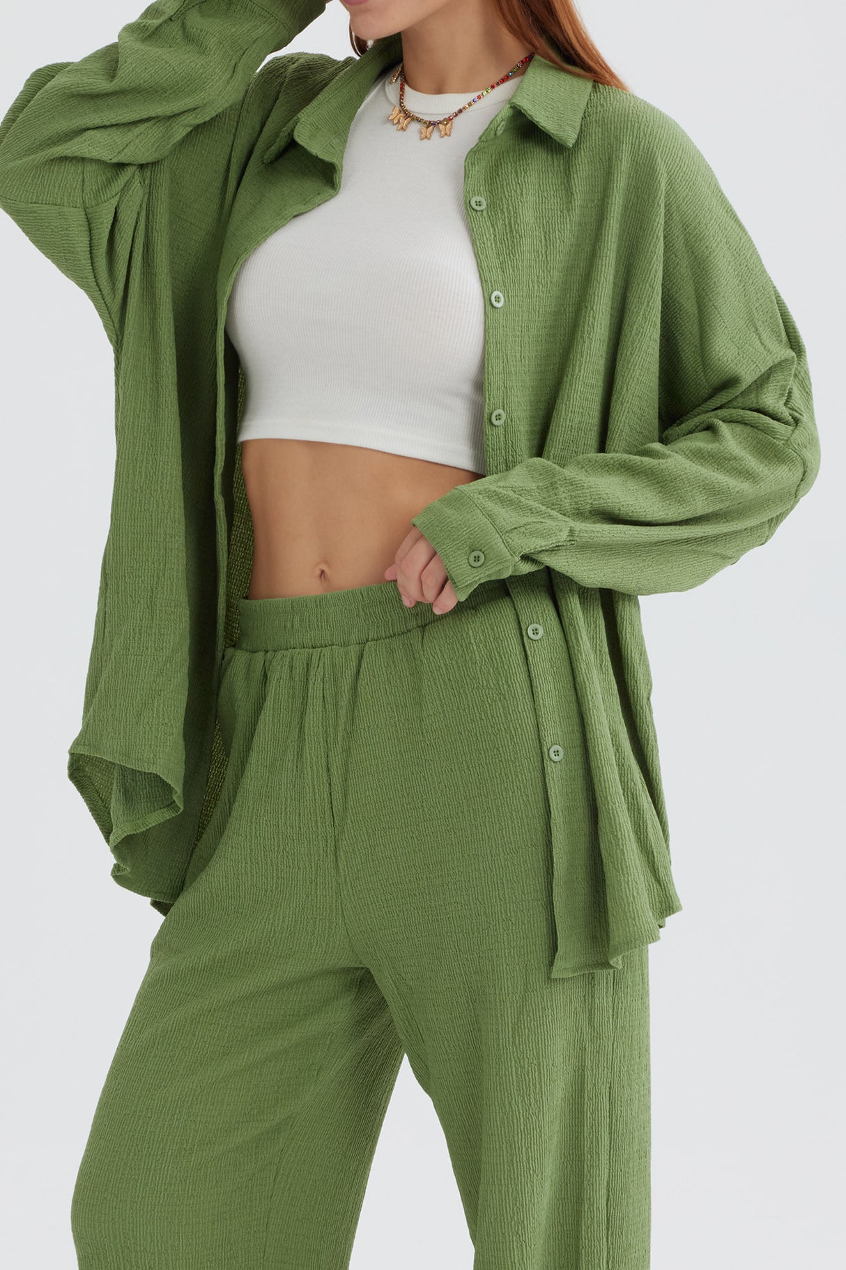 Two Piece Solid Color Long Sleeve Shirt Long Pants Set