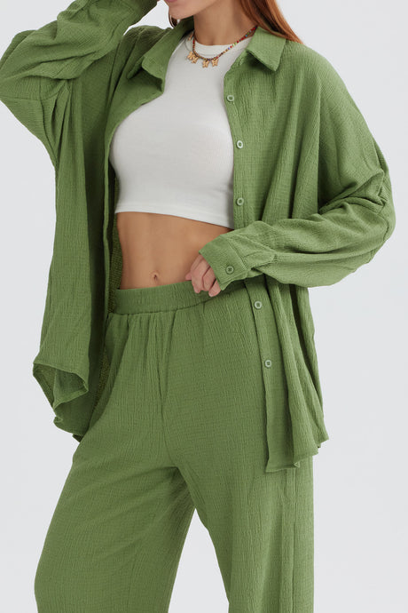 Two Piece Solid Color Long Sleeve Shirt Long Pants Set