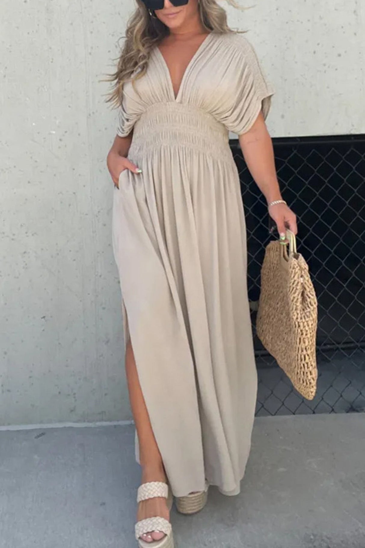Arolora v-neck-bat-sleeve-smocked-waist-slit-dress