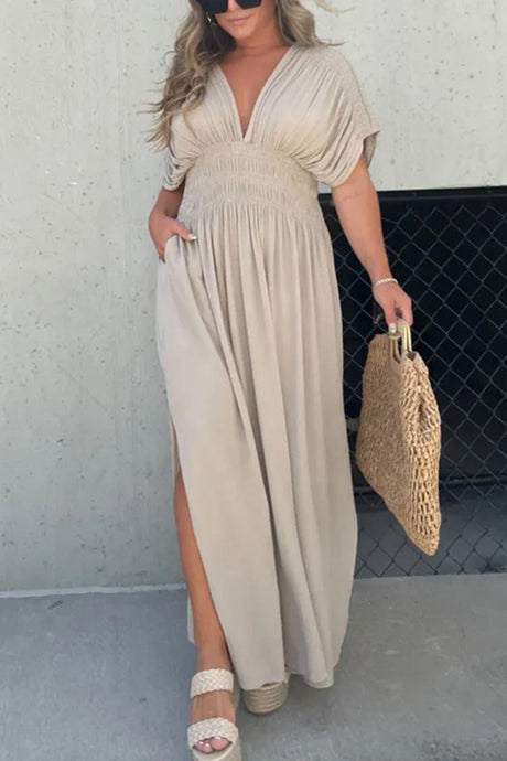 Arolora v-neck-bat-sleeve-smocked-waist-slit-dress