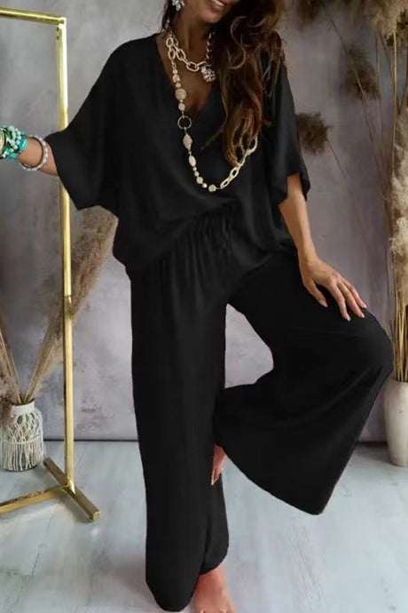 Arolora v-neck-bat-sleeve-solid-shirt-suits