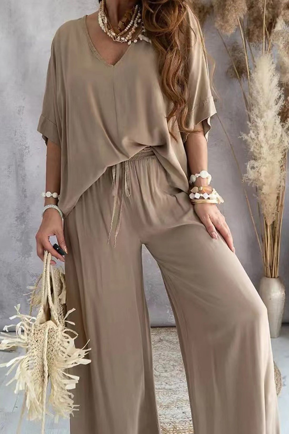 Arolora v-neck-bat-sleeve-solid-shirt-suits