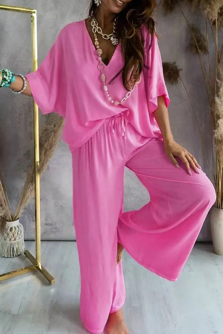 Arolora v-neck-bat-sleeve-solid-shirt-suits