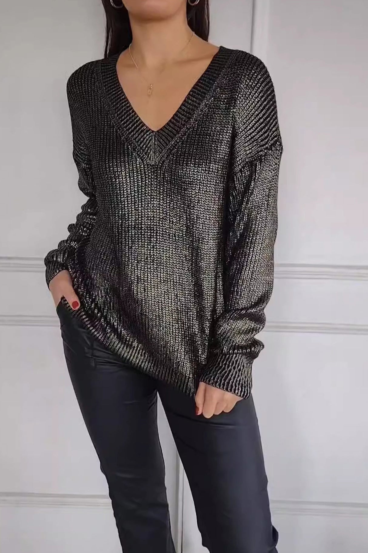 V Neck Bright Silk Pullover Sweater
