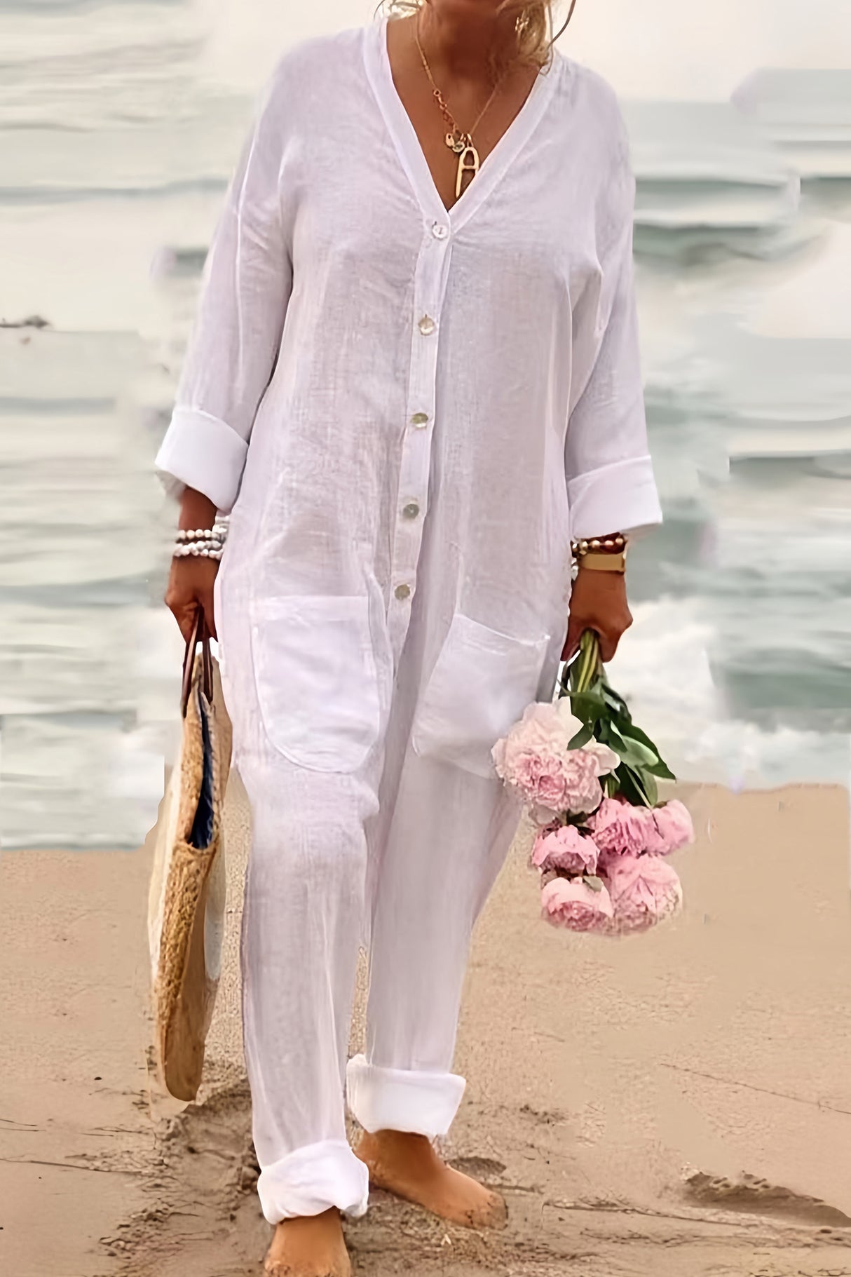 Arolora V Neck Button-up Cotton Linen Baggy Jumpsuits