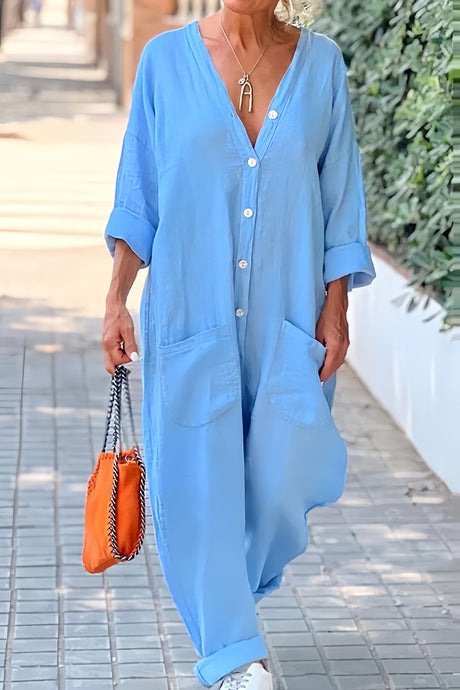 Arolora V Neck Button-up Cotton Linen Baggy Jumpsuits