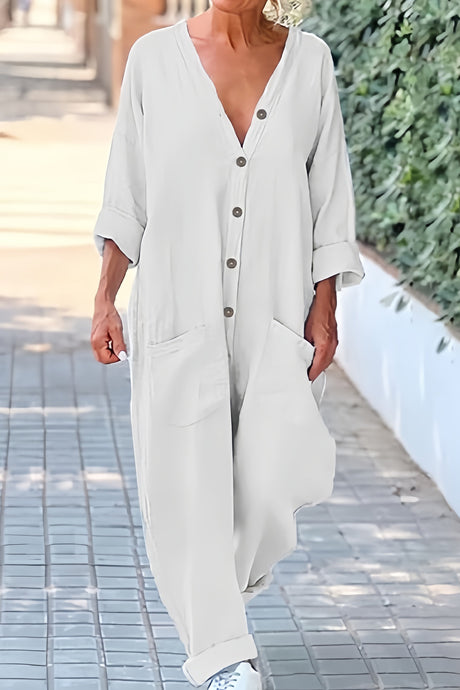 Arolora V Neck Button-up Cotton Linen Baggy Jumpsuits