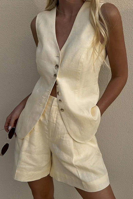 Arolora V Neck Button-up Cotton Linen Vest Shorts Set