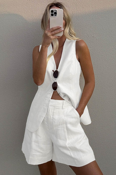 Arolora V Neck Button-up Cotton Linen Vest Shorts Set