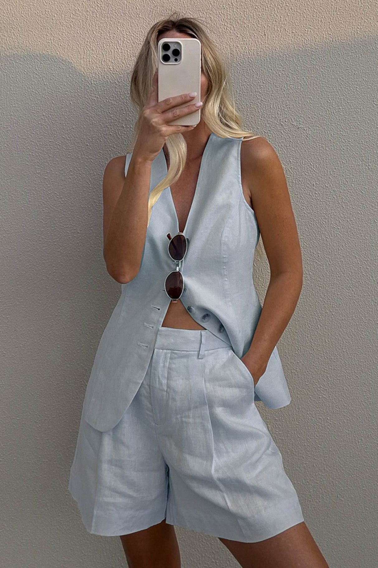 Arolora V Neck Button-up Cotton Linen Vest Shorts Set