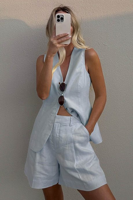 Arolora V Neck Button-up Cotton Linen Vest Shorts Set