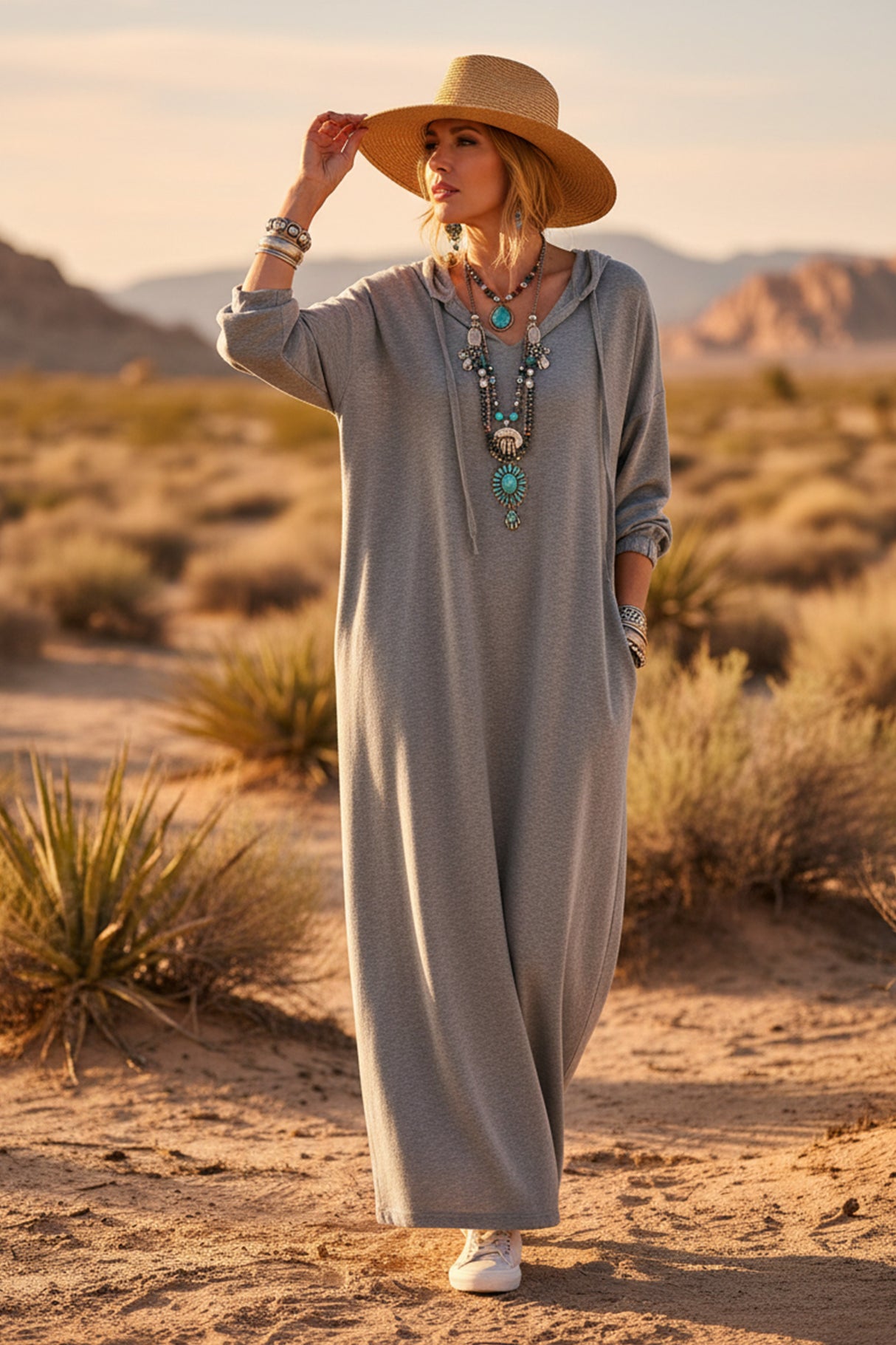 V Neck Drawstring Hooded Dress