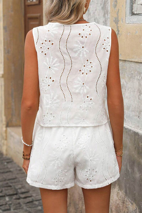 Arolora V Neck Embroidery Hollow Out Vest Set
