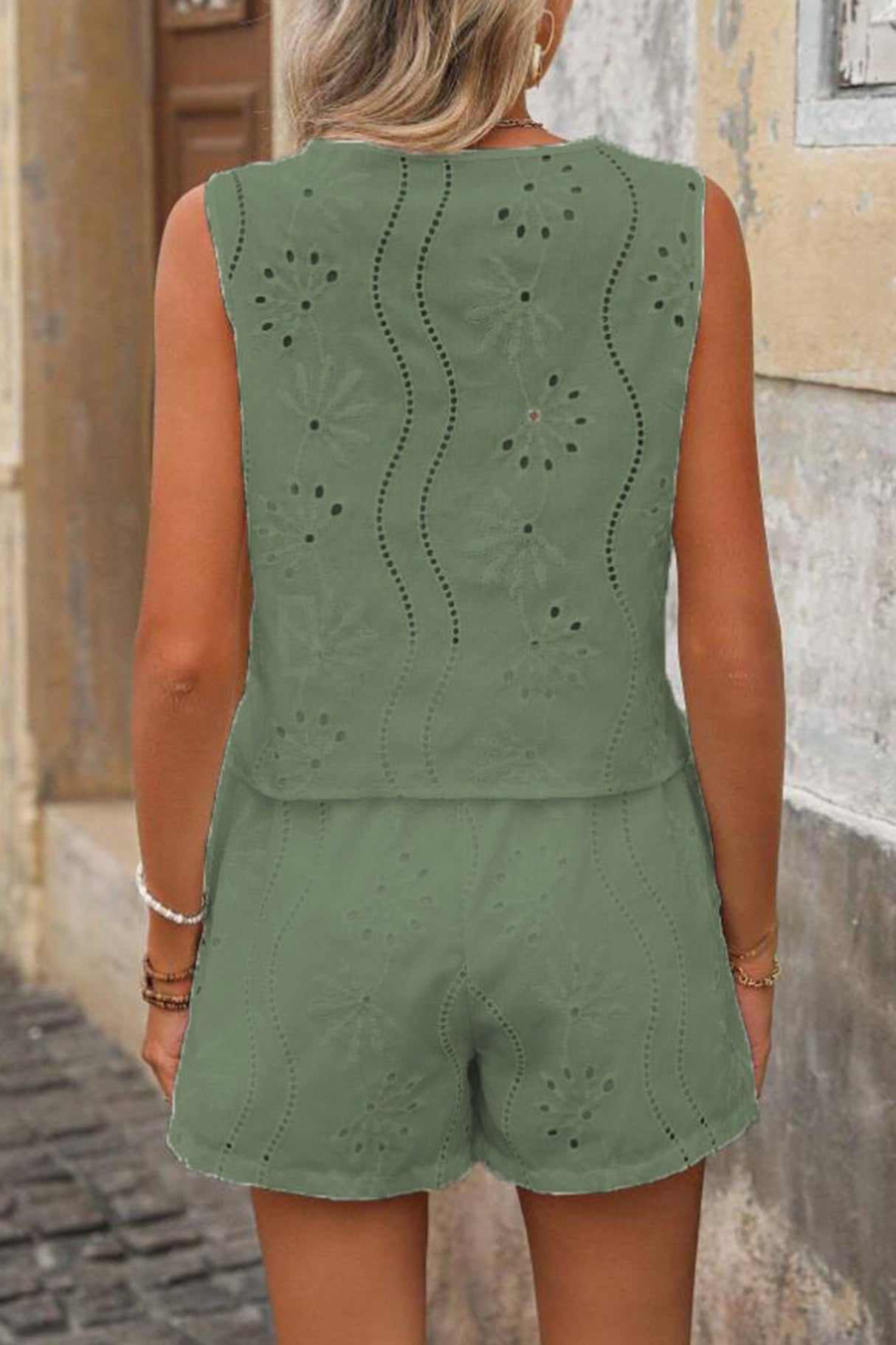 Arolora V Neck Embroidery Hollow Out Vest Set