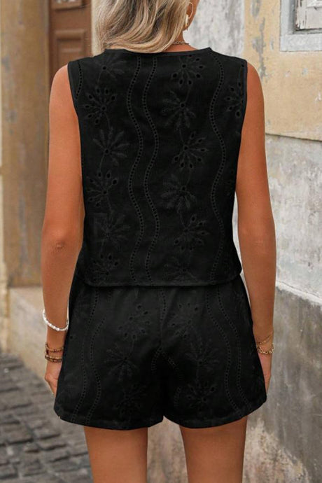 Arolora V Neck Embroidery Hollow Out Vest Set